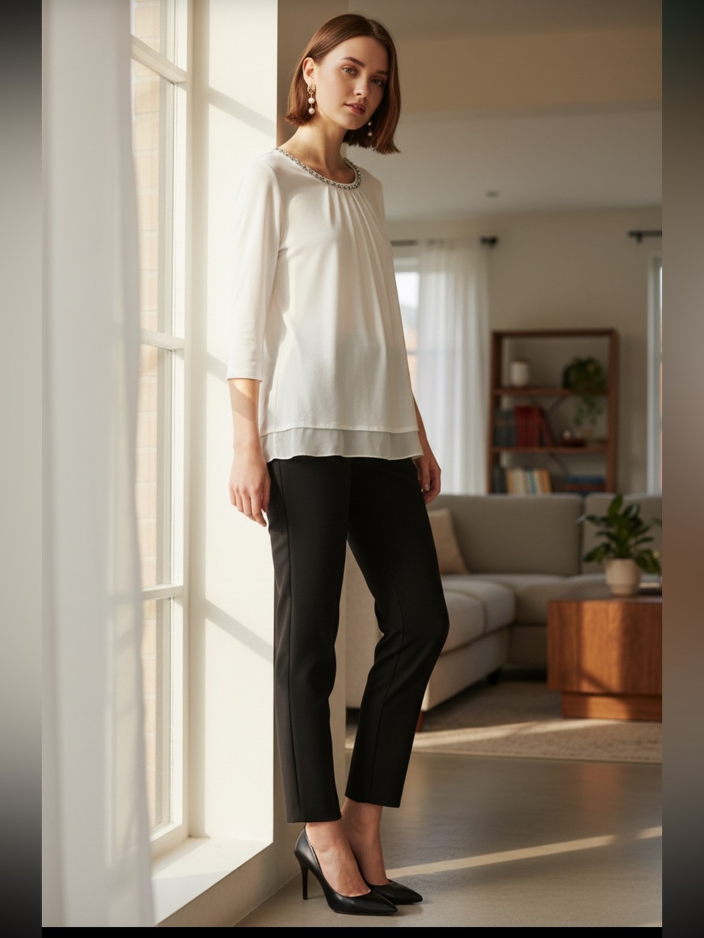 White House Black Market Ecru color Embellished-Neck Blouse 3/4 Sleeve